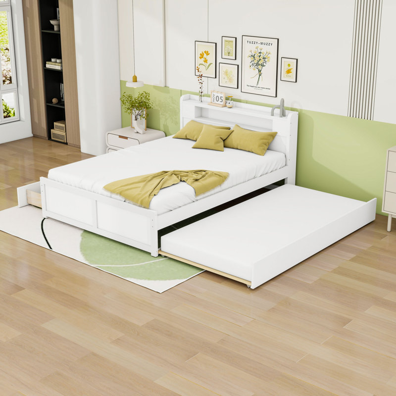 Queen 2 Drawers Wood Platform Bed with LED and Trundle, White