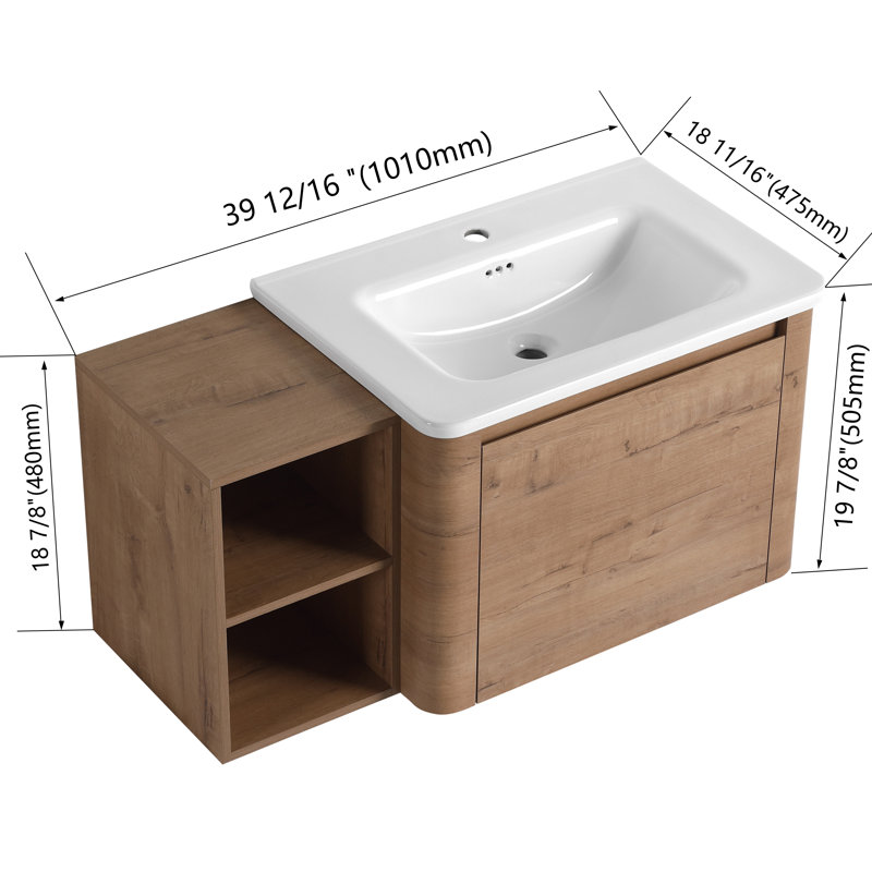Meuble-lavabo 40 po avec lavabo en céramique, 40", Imitation chêne