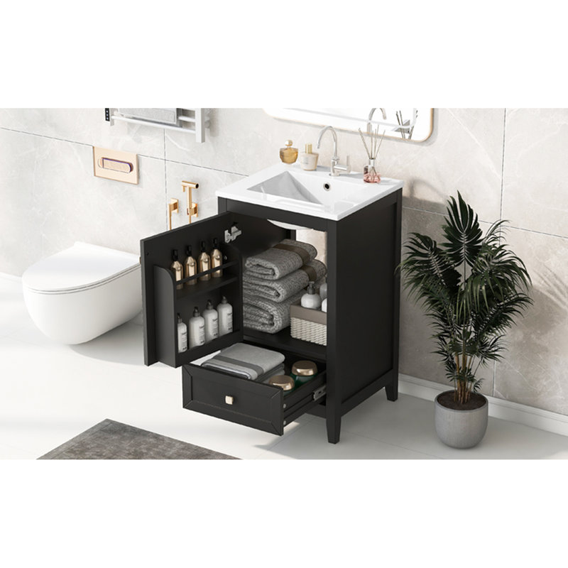 Armoire de salle de bain avec lavabo - noir, espace de rangement, surface de meuble-lavabo en métal facile à nettoyer, emplacement central