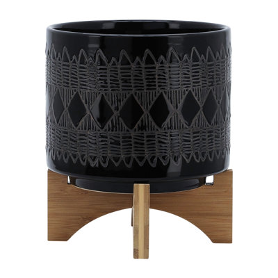 Jardinière en céramique de 8 po avec support en bois noir - Excellent pour les plantes d'intérieur, le jardin, le salon, le support de chambre à coucher, la chambre à coucher polyvalente et le porche