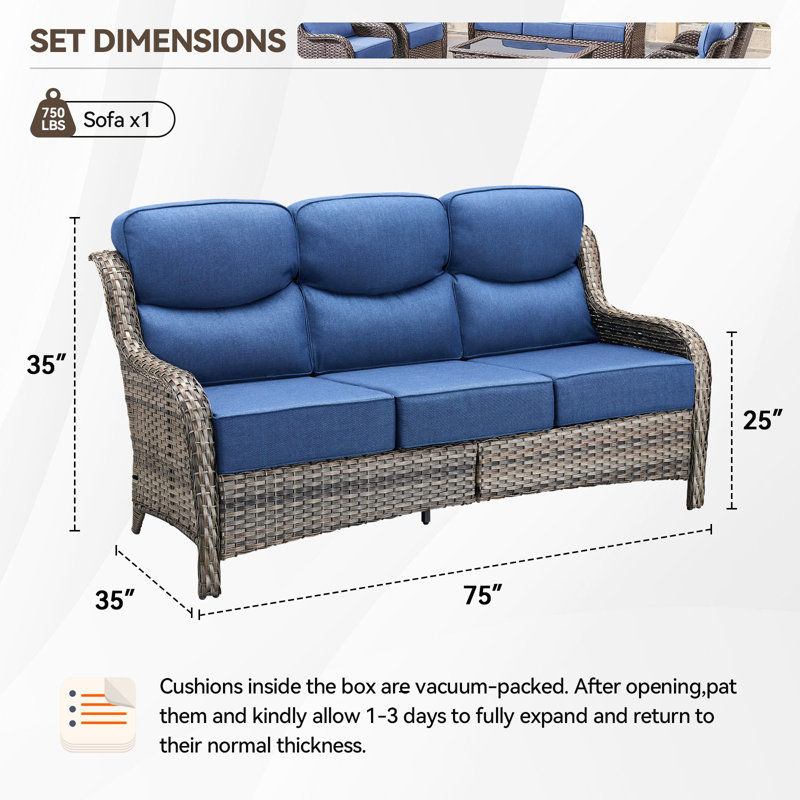 Canapé d'extérieur en osier de patio avec coussins de 6 po Wickes, Gris, Bleu