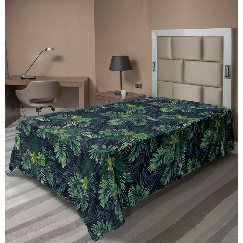 Ambesonne Exotic Flat Sheet Botany Leaves Pattern Summer TwinXL Size Navy Blue and Fern Green, Twin XL Flat Sheet