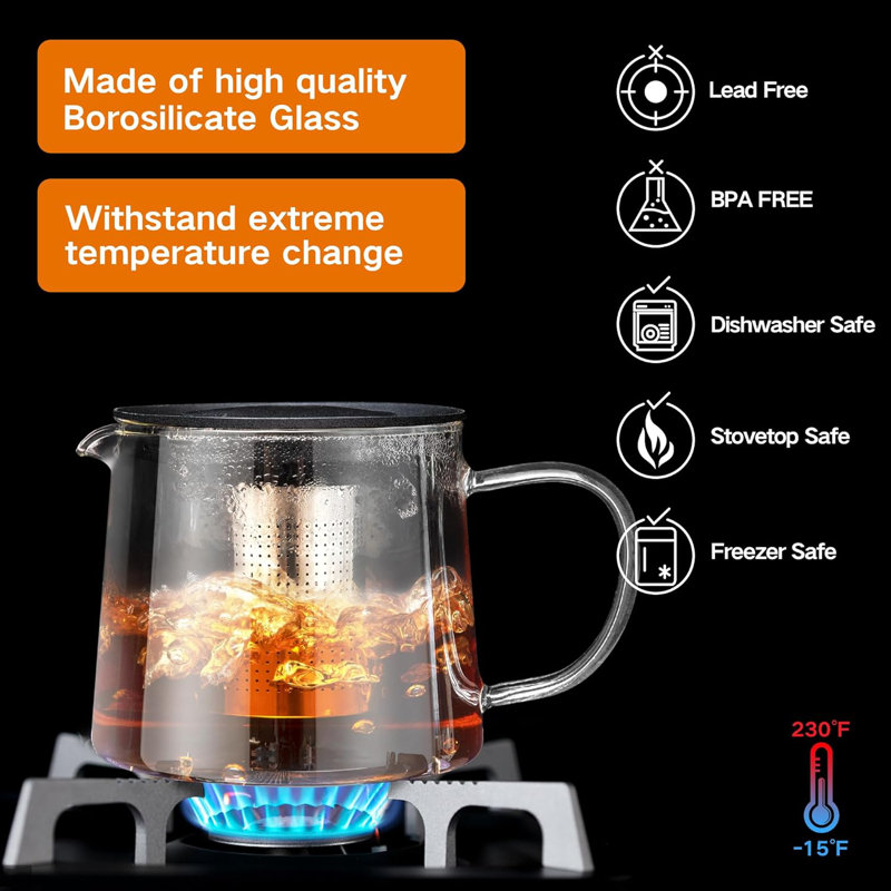 Théière en verre 34 oz ， 1000 ml avec ensemble de 4 tasses à thé, infuseur amovible en acier inoxydable, verre borosilicaté résistant à la chaleur, surface de cuisson sécuritaire pour le thé en feuilles et en fleurs