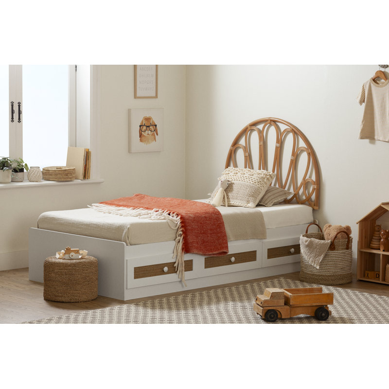 Twin Natural Rattan Wall-Mounted Panel Headboard with Floral Design