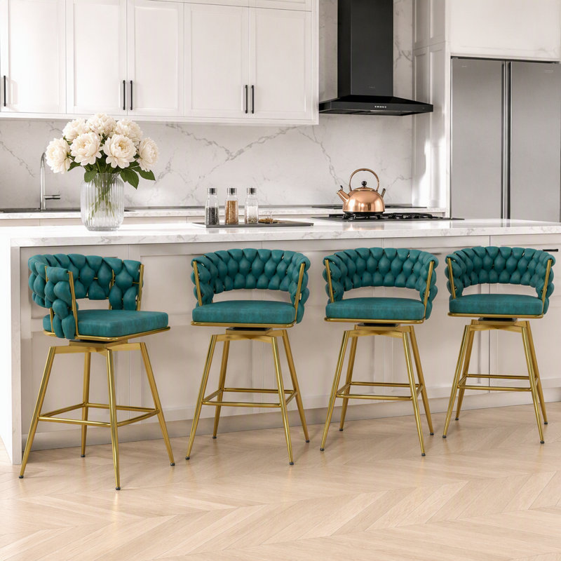 Ensemble de 2 tabourets de bar en suède tissé avec pieds dorés, Bleu / doré