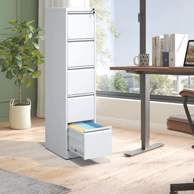 Lockable 5 Drawer Metal File Cabinet For Office/Home, Steel, Smooth Function, Tilt, White Strong Build, Full Extension Drawers,