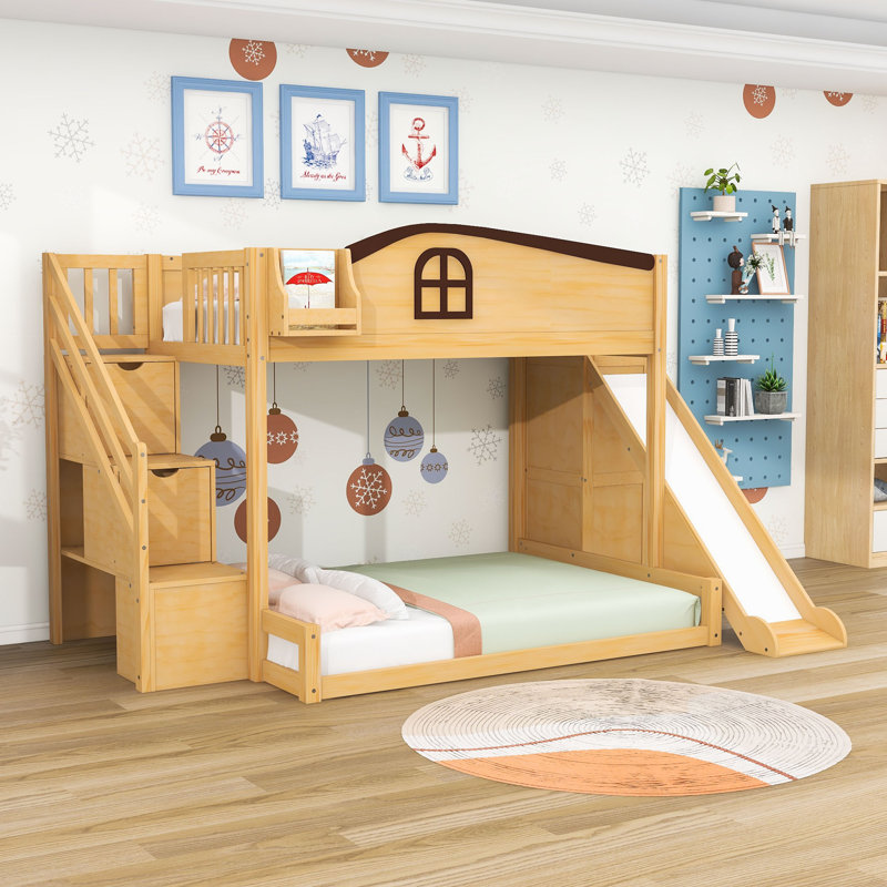 Lit superposé simple au-dessus de double avec glissade intégrée, garde-robe et rangement Woode, Naturel / espresso