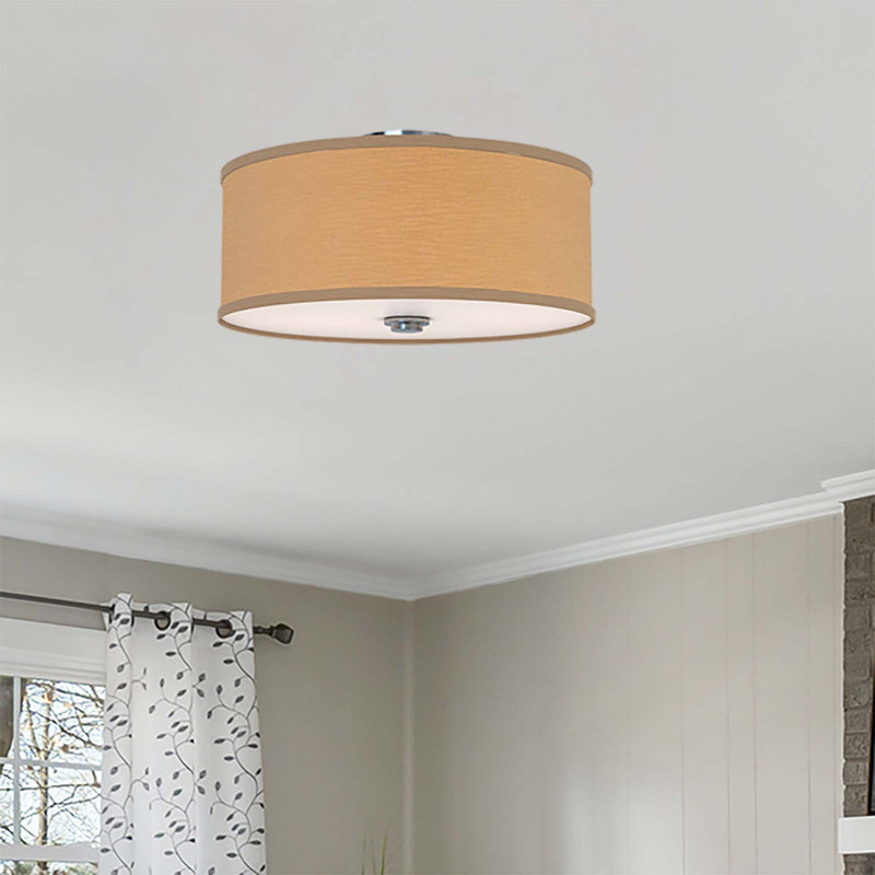 Calare 2-Light Indoor Brushed Nickel Flush Mount Ceiling Fixture with Beige Handcrafted Linen Drum Shade