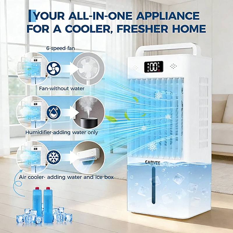 Portable Air Cooler for Indoor Use, 2.65 Gal Evaporative Cooler with Remote, 6 Speeds, 12H Timer, Child Lock & 4 Ice Boxes for Home, Garage, Office, White