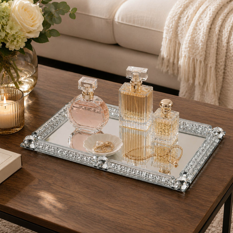 Silver Crystal Mirror Perfume Tray with Crushed Diamond Design