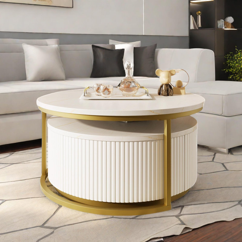 Round Nesting Colton Coffee Table With Fluted Design And 1 Drawer, White