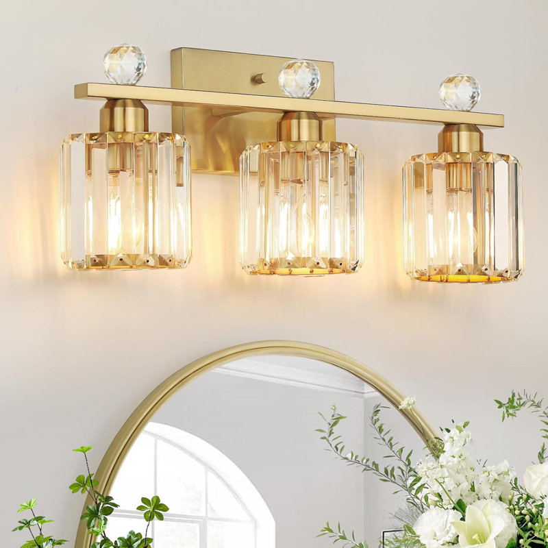 Luminaire de meuble-lavabo moderne à 3 lumières avec abat-jour en cristal, applique murale dorée pour éclairage de salon de chambre à coucher à intensité variable
