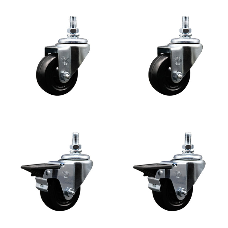 3 Inch Hard Rubber ½ Inch Threaded Stem Caster Set 2 Brakes SCC