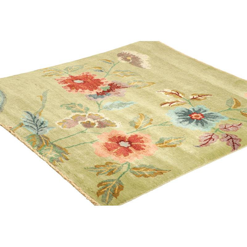Rug & Kilim’S Chinese Art Deco Square Rug In Green With Colorful Floral Patterns, Rectangle 12' x 18'
