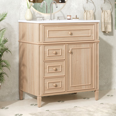 Meuble-lavabo de 30 po avec lavabo, armoire en bois massif et panneau de fibres à densité moyenne, tiroir rabattable, 2 tiroirs à fermeture en douceur, 1 porte à fermeture en douceur, poignées en bois élégantes