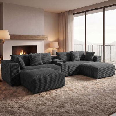 Canapé modulaire surdimensionné en velours côtelé avec console USB et porte-gobelets