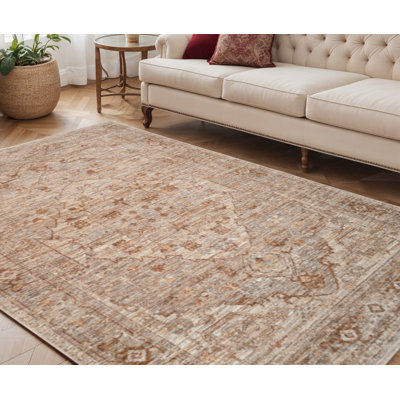 Tapis à médaillon floral beige et brun 5 pi x 7 pi avec frange