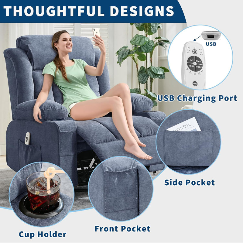 Fauteuil inclinable, chaises berçantes avec massage et chaleur, poches latérales et porte-gobelet, Bleu
