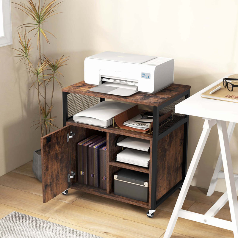 17 Storeys File Cabinet On Wheels With Charging Station & Cable Management Hole Shelves, Brown/Black