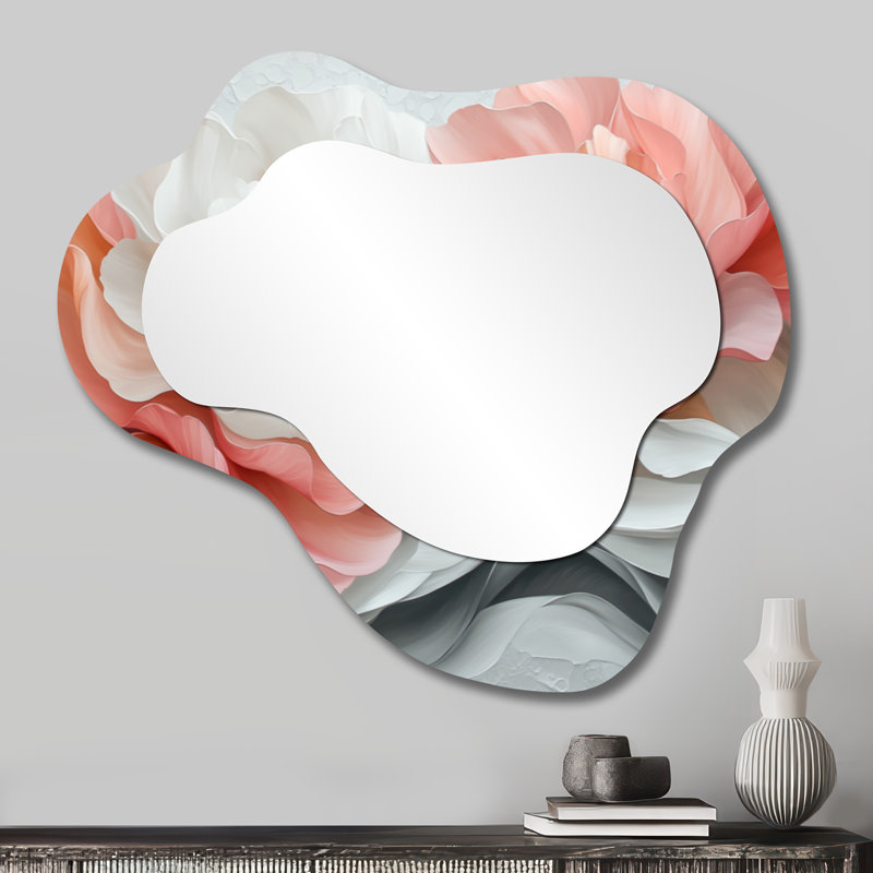 White And Coral Marble Peonies Elegance I - Peonies Cloud Decorative Wall Mirror, Traditional Vanity Mirror, Printed on Metal