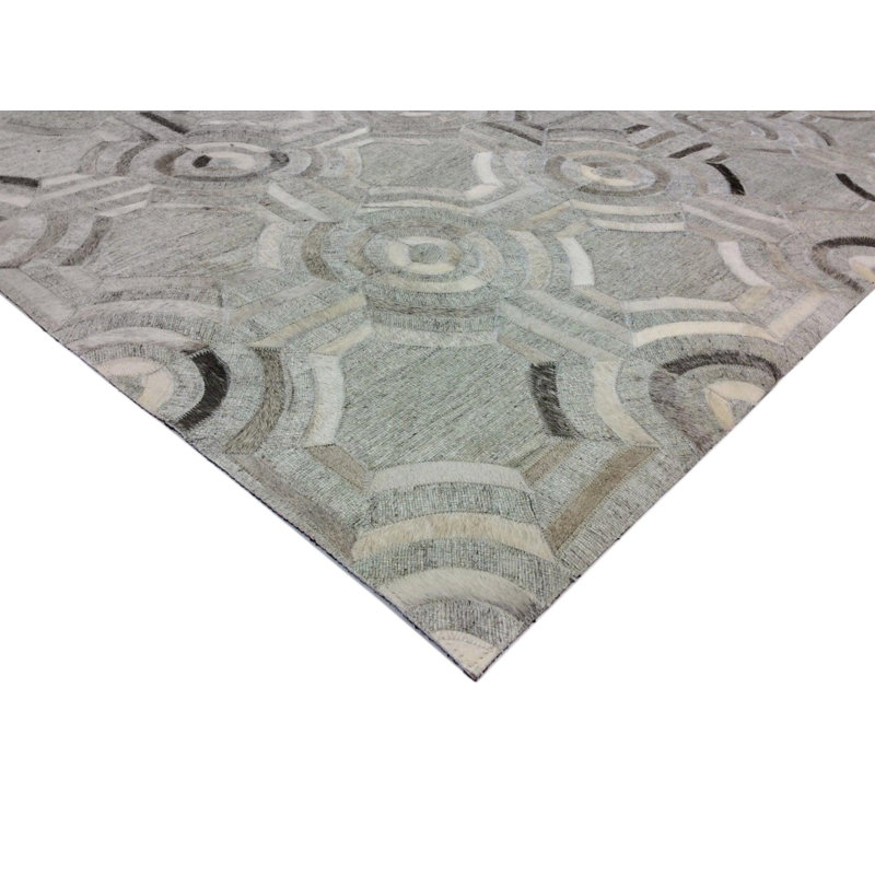 Leather Geometric Area Rug in Silver