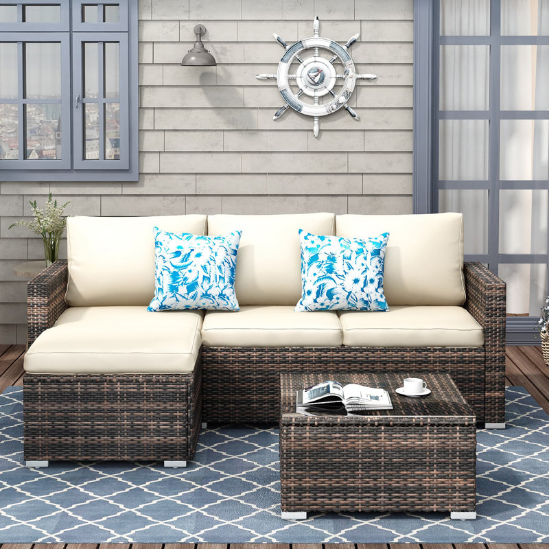 Southerland 3-Piece Wicker Patio Conversation Set Modular Sectional Set with Cushions, Brown/Beige
