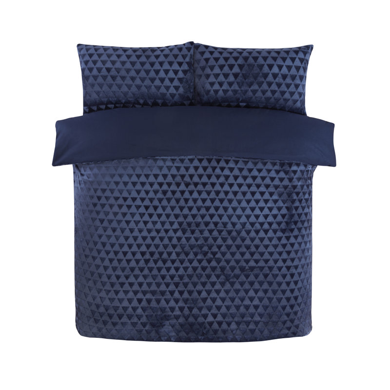 Diamond Cut Velvet Polyester Geometric Shapes Duvet Cover Set with Pillowcases, Navy Geometric