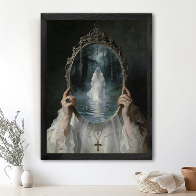 Black Framed Vintage Ghost in the Mirror, Eerie Gothic Wall Art Dark Surrealism Style Framed Prints