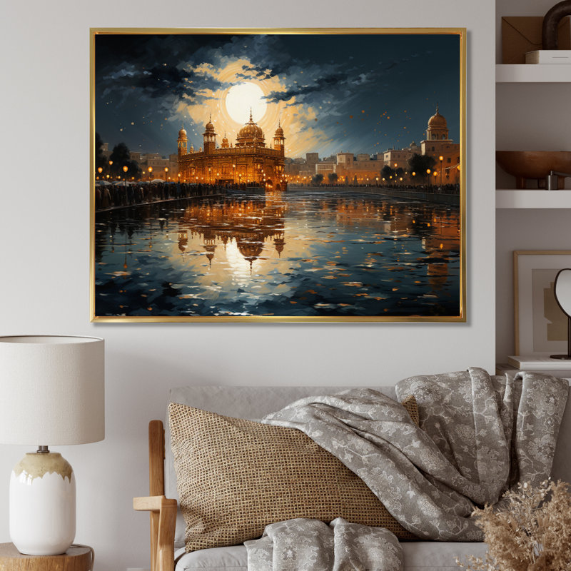 Hinduisim Golden Temple I Framed On Canvas Print, Gold Floater Framed, 34" H x 44" W x 1.5" D
