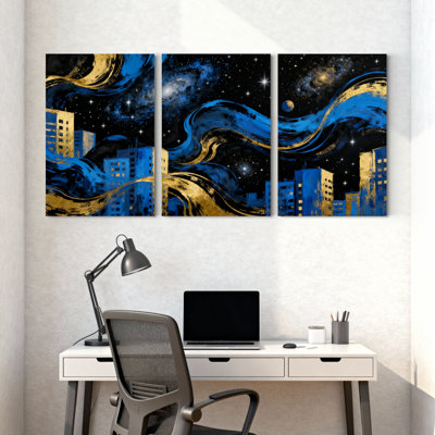 Cities &Countries Cosmic Waves Cityscape Night Sky Stars Reflections Set of 3 Canvas Wall Art Prints