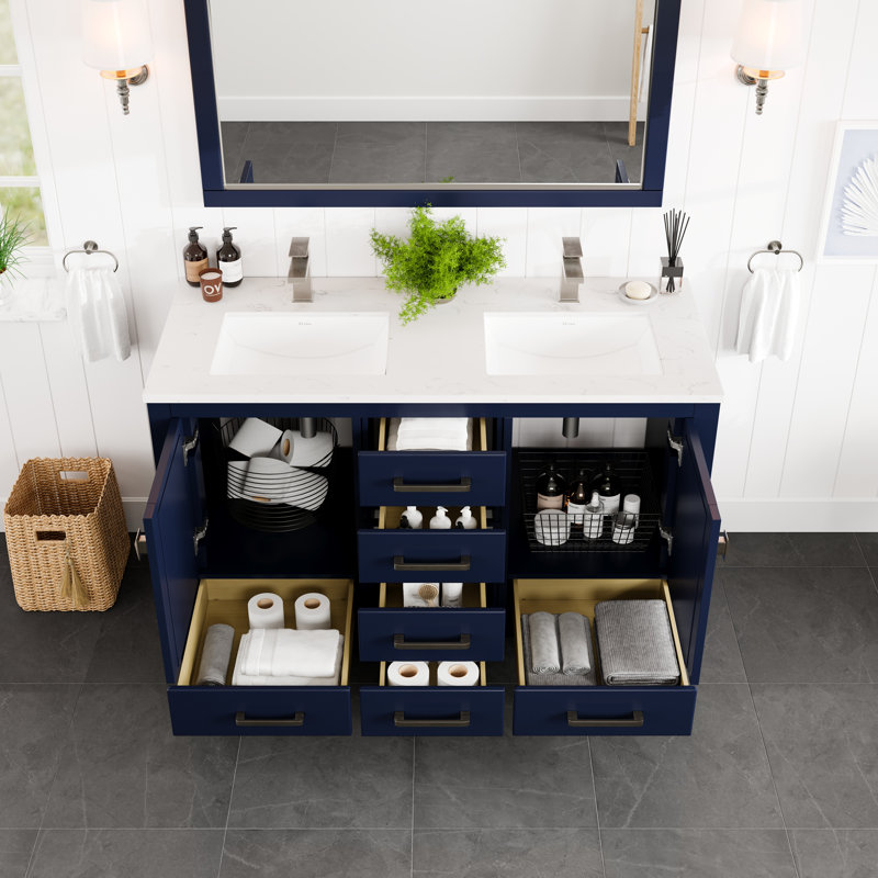 London 54" Blue Solid Wood Double Sink Bathroom Vanity with Quartz Top