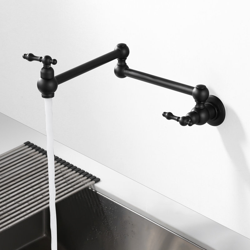 Brass Wall Mount Pot Filler with 2-Aerators and Brass Valve, Double Handle Kitchen Faucet, Black