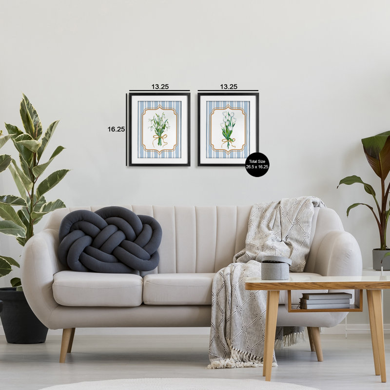  Ensemble de 2 reproductions encadrées sous verre avec motif de fleurs et rayures classiques, design par Adonna Ebrahimi