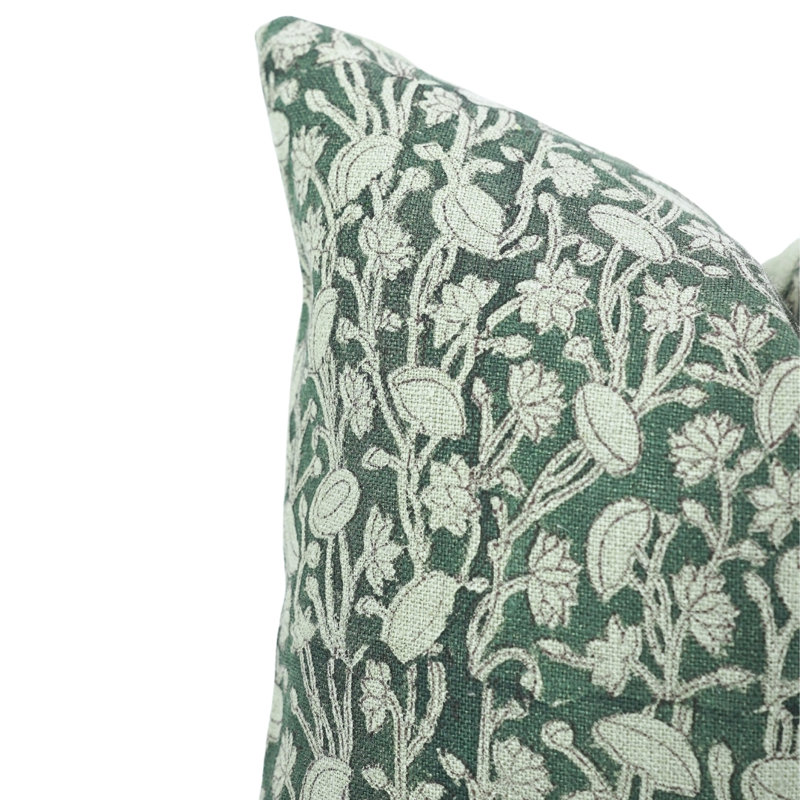 Natural Linen Block Print Pillow Cover Green Boho Decorative Throw Cushion, Zippered Size- 20X20 Inch, 20" x 20"