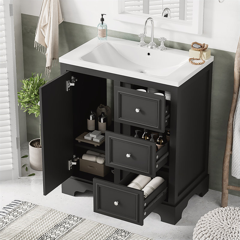 Trea 29.96'' Single Bathroom Vanity with Ceramic Top, Black, Silver