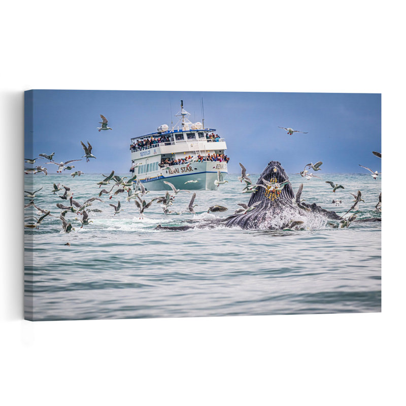 Humpback Feeding Frenzy Contemporary Bird Fish Whale Nature Ocean Wall Art Print, 60.96cm H x 91.44cm W