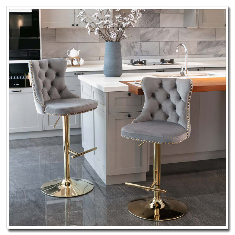 Tabourets de bar pivotants en velours à hauteur de siège réglable, Doré, Gris
