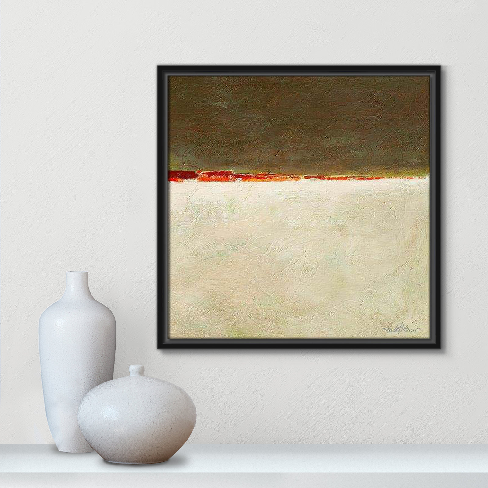 Orange Horizon I by Renate Holzner, 17.5'' H x 17.5'' W x 2'' D, Black Framed