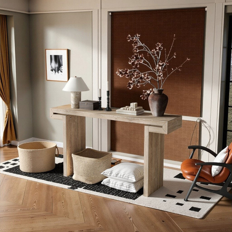 60 Inch Console Table with Open Storage, Solid Wood Veneer Construction, Natural Wood