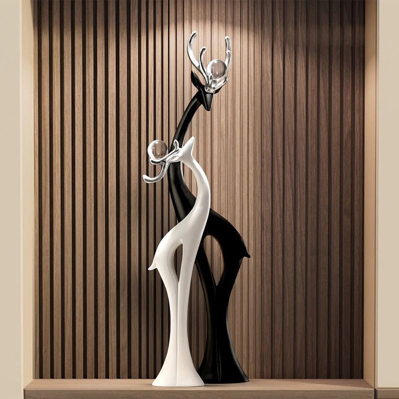 Objet décoratif en résine et verre représentant un cerf blanc, noir et argenté, 26.18"H×10.63"L×5.51"W