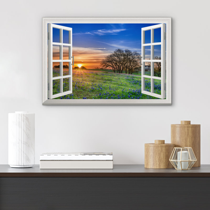 Fenêtre, paysage, lever de soleil, fleurs sauvages bleues dans un champ de printemps, scène naturelle, grande impression sur toile