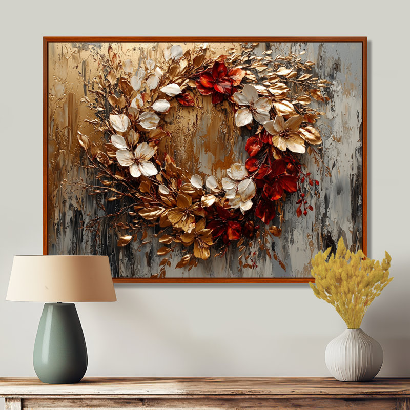 Ilionora Golden Vivid Wreath Spiral Of Petals - Couronne d'art mural, Brun, Impression encadrée flottante, H 24 po x l 32 po