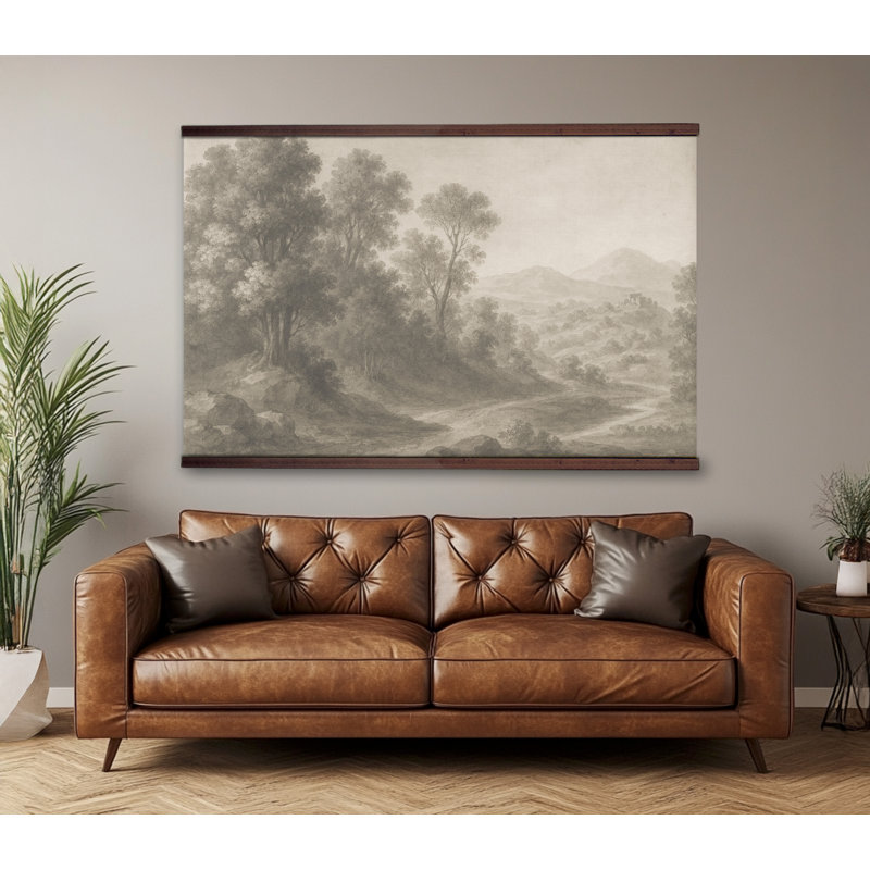 Tapestry Canvas, Vintage Landscape Wall Hanging – Monochrome Forest & Mountain Scene with Wooden Hanger, 32" H x 48" W