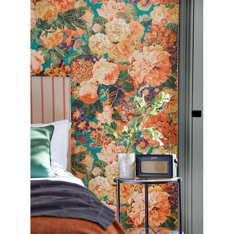 Very Rose and Peony Wallpaper, Kingfisher/Rowan Berry