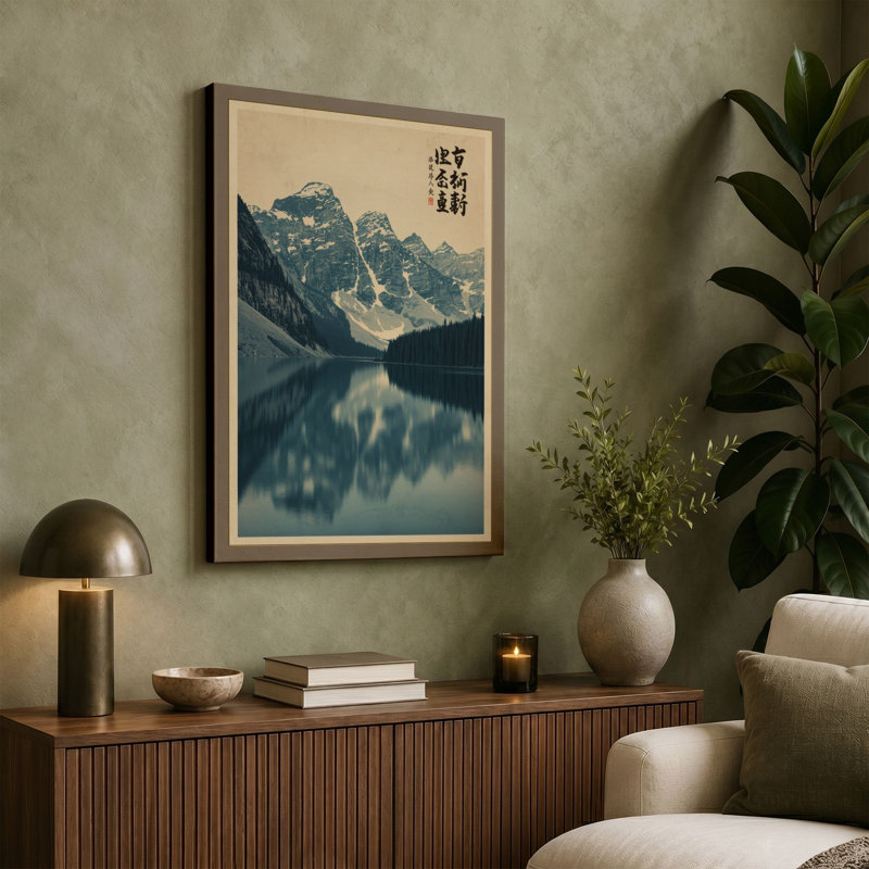 Mountain Lake Reflection Japandi - Wrapped Canvas, 30x20 - 76.2 x 50.8 cm, Cream Border