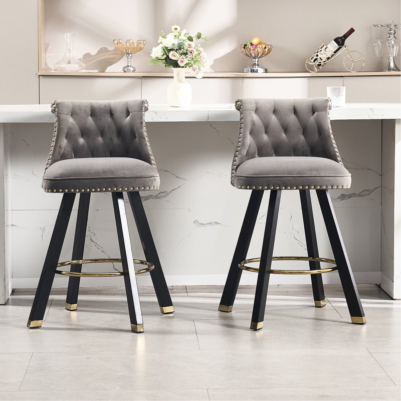 2 pièces de sièges carrés en velours gris foncé, rotation à 360 °, anneau de traction arrière amovible et tabourets décoratifs à rivets, boucle décorative