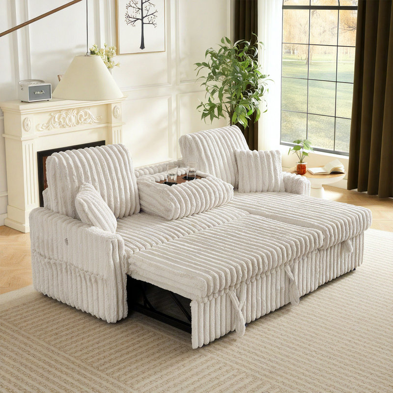 81" Reversible Sleeper Sofa Bed With Storage Chaise, 3-in-1 L-shaped Pull-out Couch Featuring Charging Station, Cup Holder & Side Pocket, Plush Corduroy Upholstery, for Living Room, Apartment