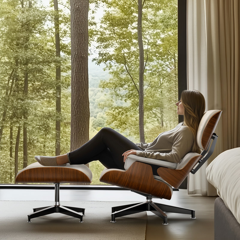 Swivel Accent Chair With Ottoman Lounge Chair, Light Walnut/White, 34'' H X 31.5'' W X 34.25'' D