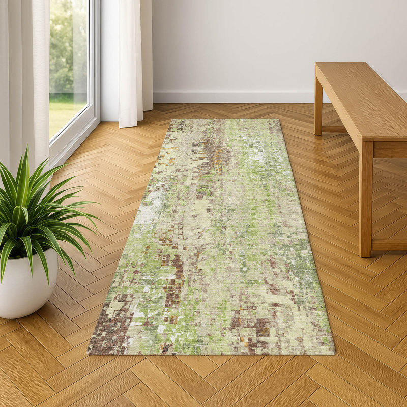 Premium Machine Washable Mayfield AMF2254 Abstract Rug, 2'3" x 7'6" Runner, Green