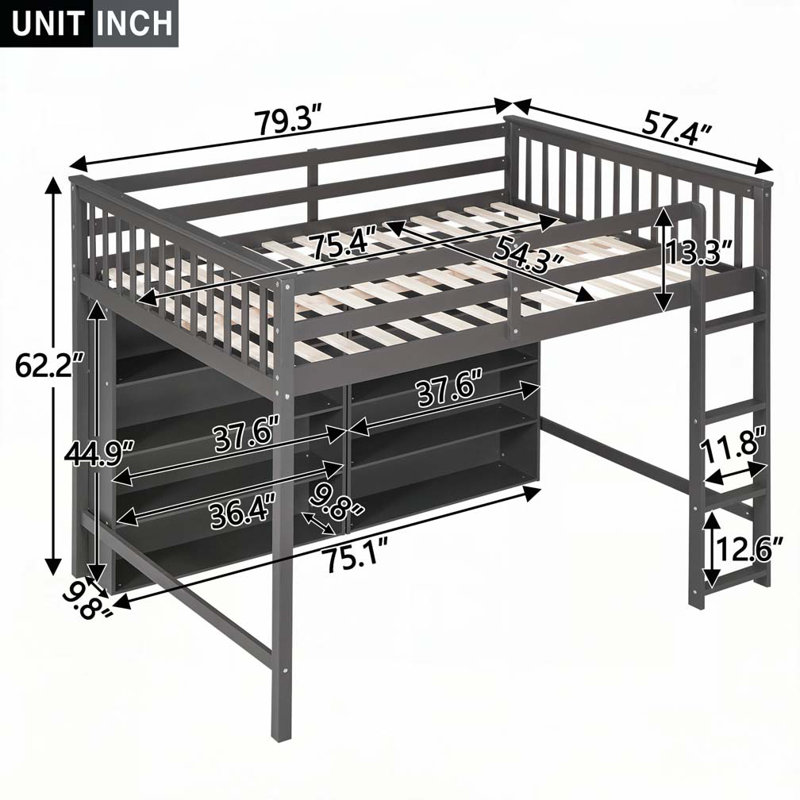 Bed with 8 Open Storage Shelves, Grey